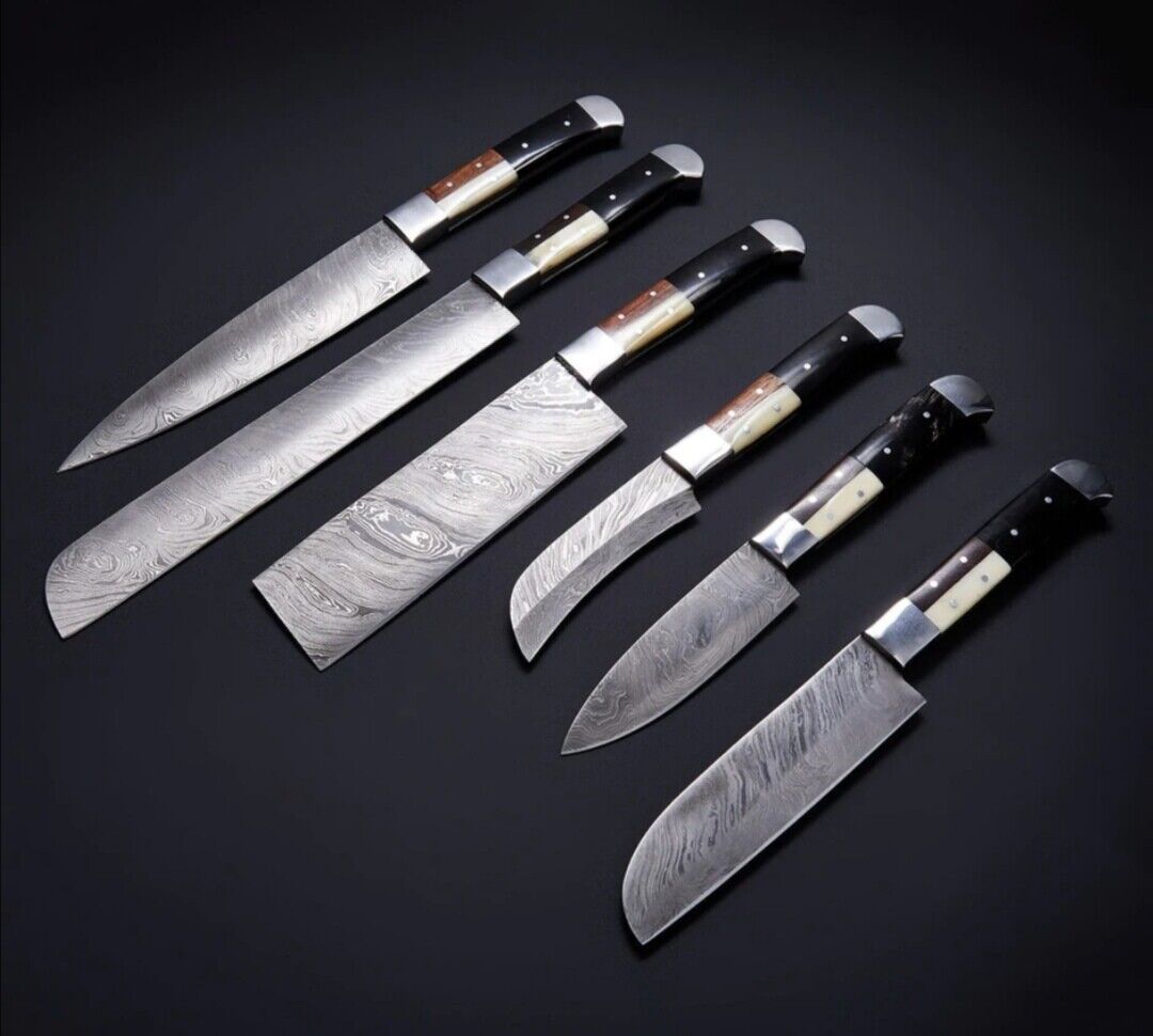 Custom Handmade Damascus Steel Chef Knife Set | 6-Piece Kitchen Knives with Bone, Horn & Wood Handles + Leather Roll
