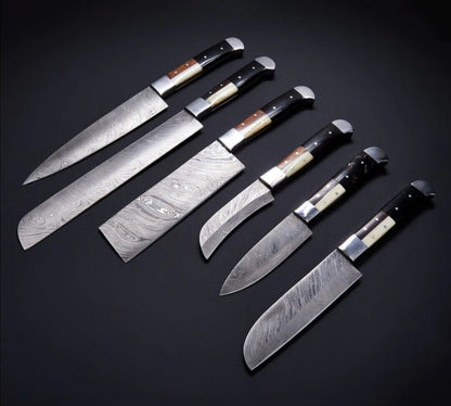 Custom Handmade Damascus Steel Chef Knife Set | 6-Piece Kitchen Knives with Bone, Horn & Wood Handles + Leather Roll