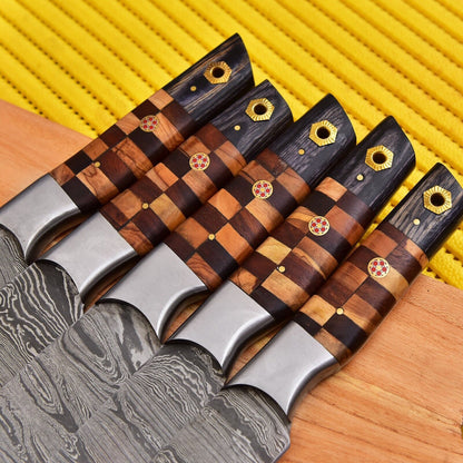 Custom Handmade Damascus Steel Chef Knife Set Of 5  Forged Kitchen Knives With Wood Handle  Leather 1