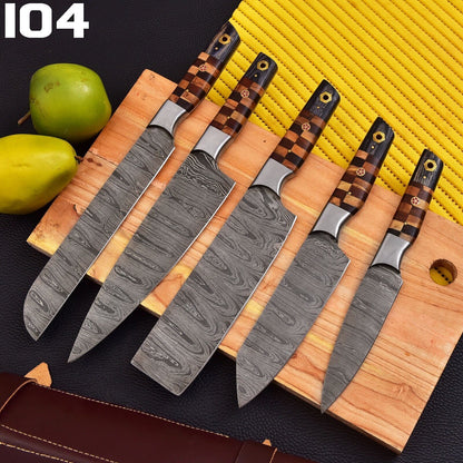 Custom Handmade Damascus Steel Chef Knife Set Of 5  Forged Kitchen Knives With Wood Handle  Leather 2
