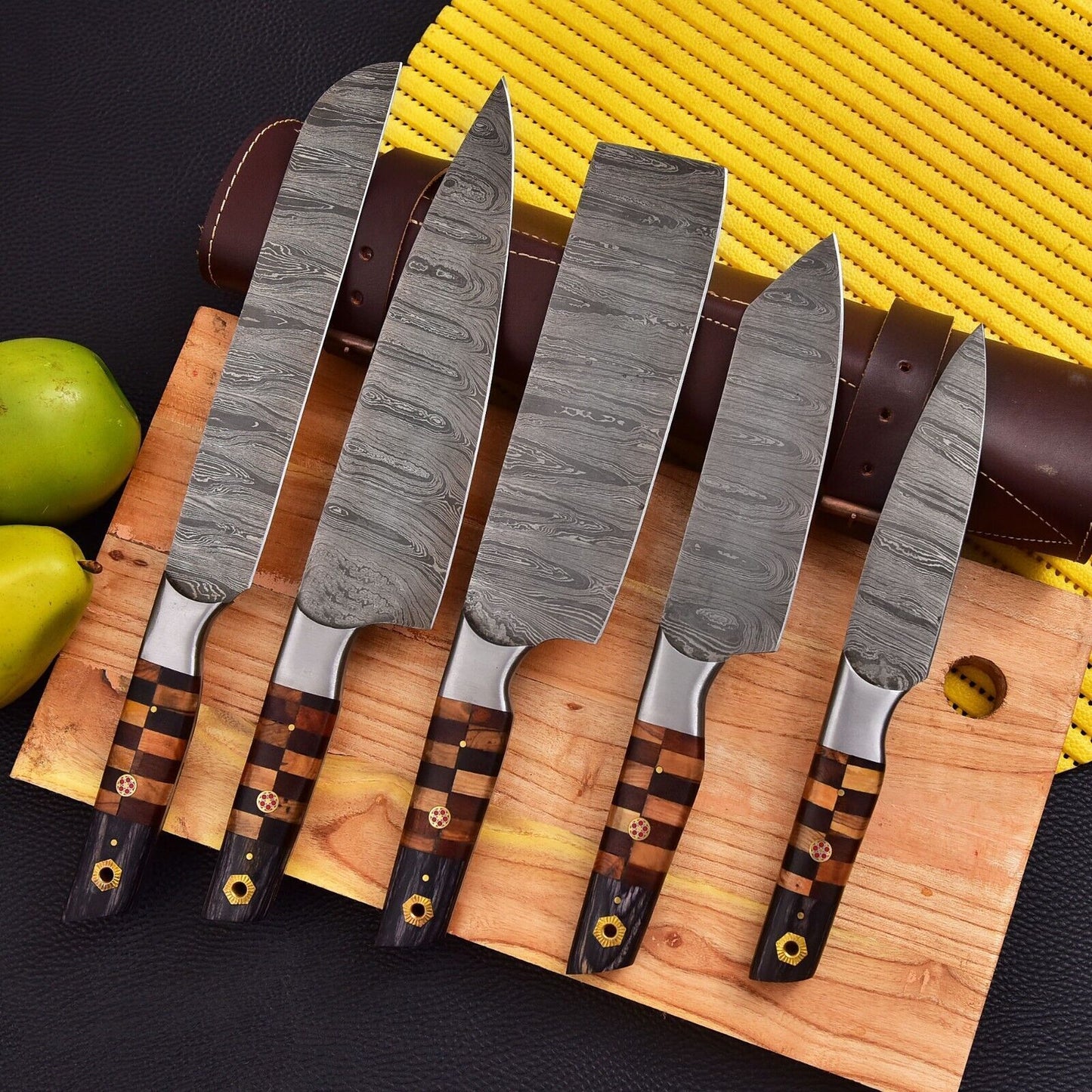 Custom Handmade Damascus Steel Chef Knife Set of 5 | Forged Kitchen Knives with Wood Handle & Leather Sheath