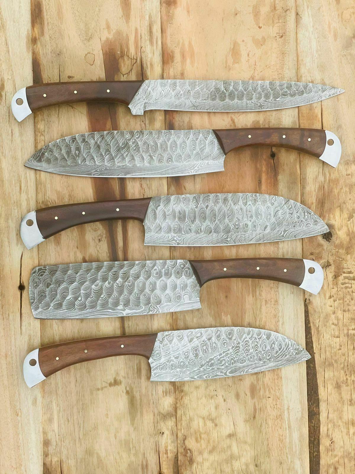 Handmade Forged Damascus Chef Knife Set 5 Pcs  Rosewood Handle With Leather Sheath 1