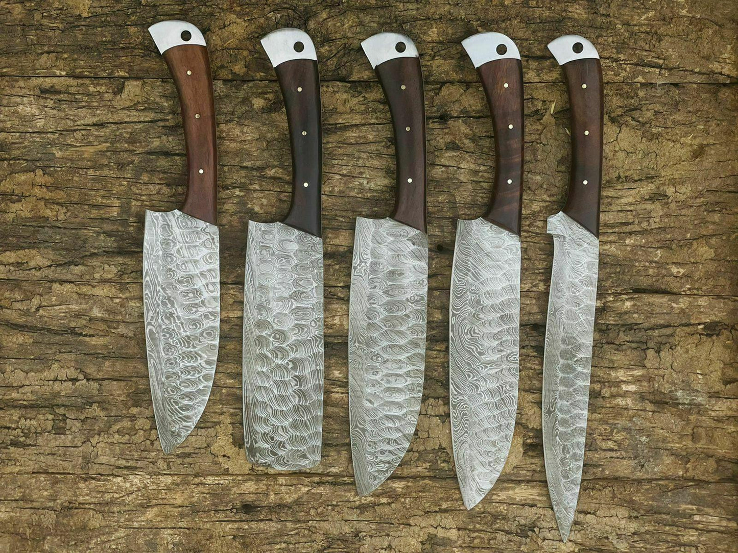 Handmade Forged Damascus Chef Knife Set 5 Pcs  Rosewood Handle With Leather Sheath 2