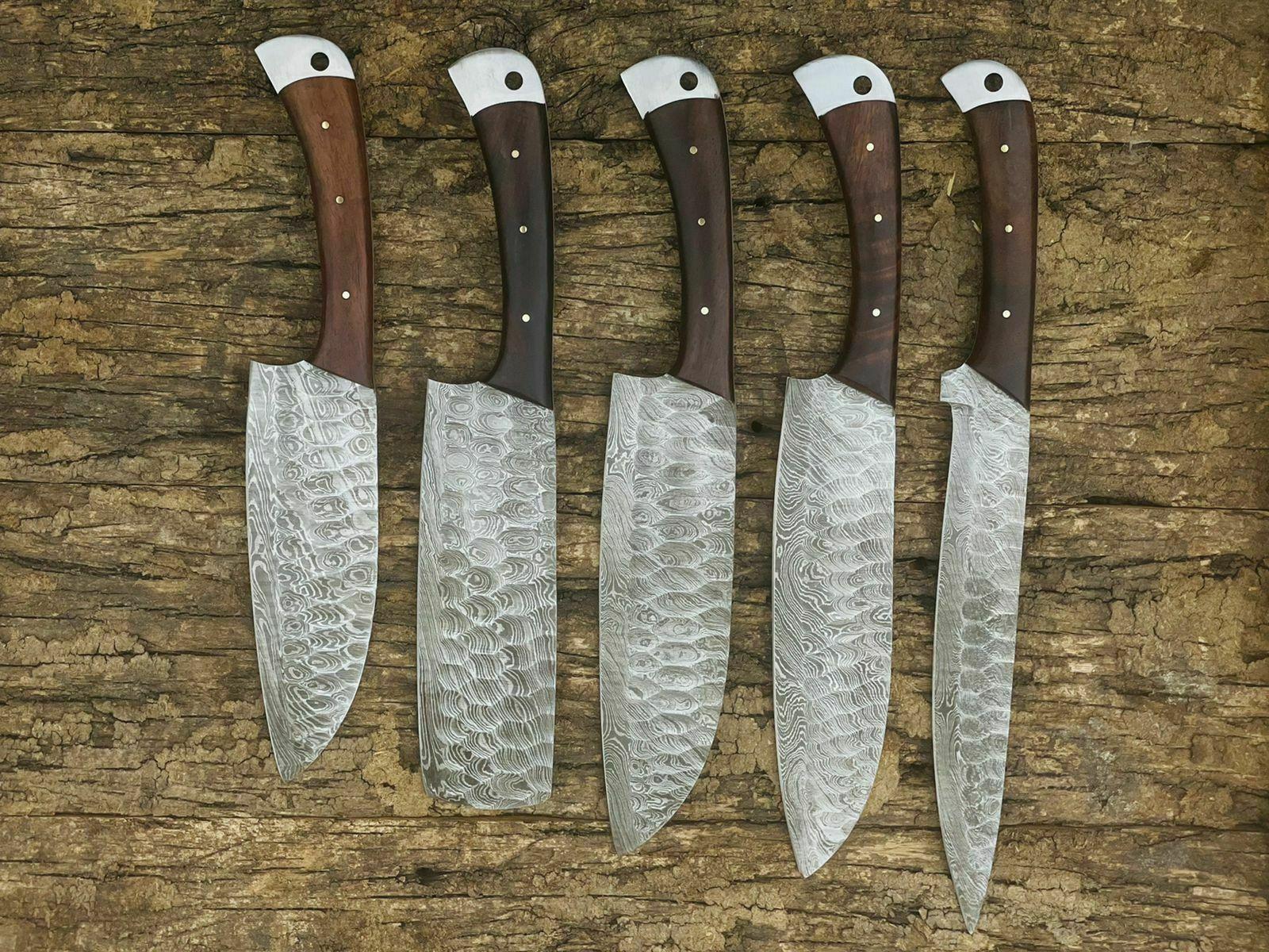Handmade Forged Damascus Chef Knife Set 5 Pcs  Rosewood Handle With Leather Sheath 2