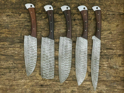 Handmade Forged Damascus Chef Knife Set 5 Pcs  Rosewood Handle With Leather Sheath 2