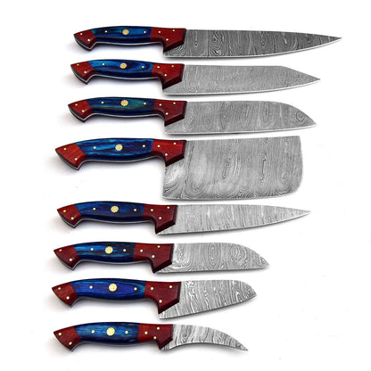 Professional 8Piece Damascus Steel Kitchen Knife Set  Custom Handmade Chef Knives With Leather Bag 1