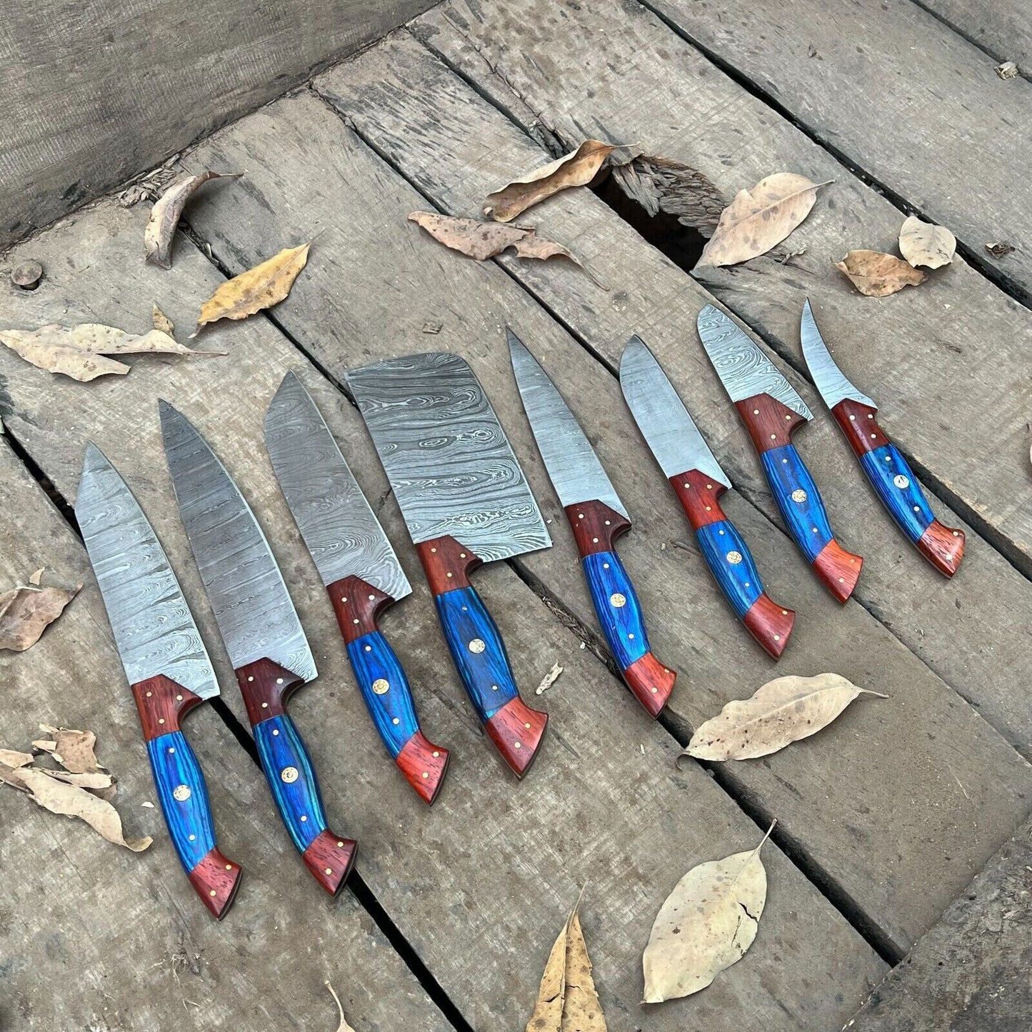 Professional 8-Piece Damascus Steel Kitchen Knife Set | Custom Handmade Chef Knives with Leather Bag