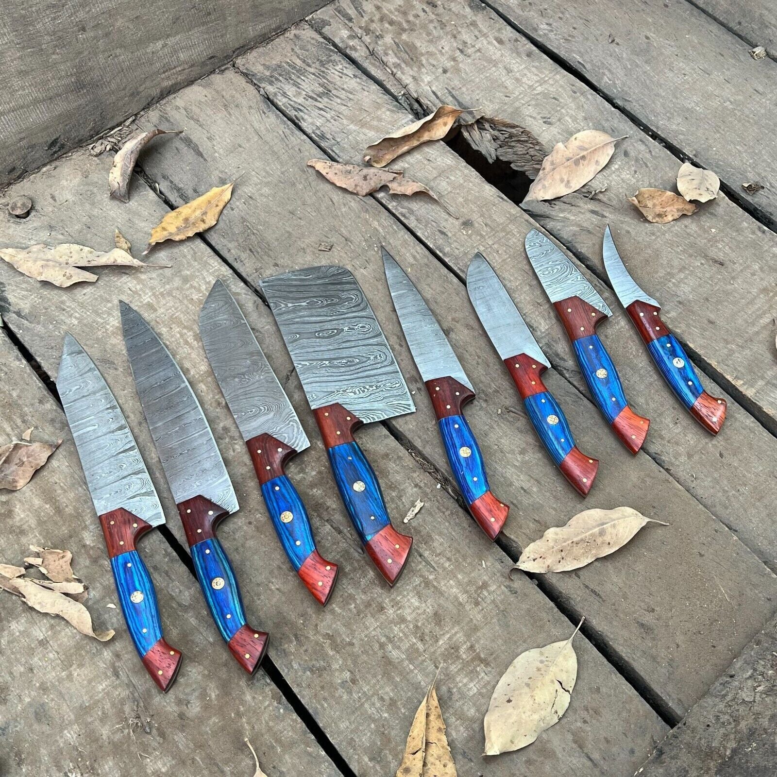 Professional 8-Piece Damascus Steel Kitchen Knife Set | Custom Handmade Chef Knives with Leather Bag