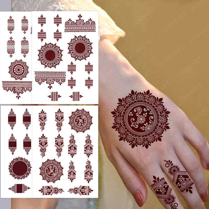 Brown Henna Tattoo Stickers, Flower Hand and Foot Temporary Tattoos, Fake Tattoo for Women, Wedding and Festival Body