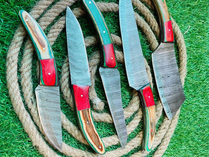 5Piece Handmade Damascus Steel Chef Knife Set  Custom Kitchen Cutlery With Wooden Handles  Leather  1