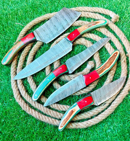 5Piece Handmade Damascus Steel Chef Knife Set  Custom Kitchen Cutlery With Wooden Handles  Leather  2
