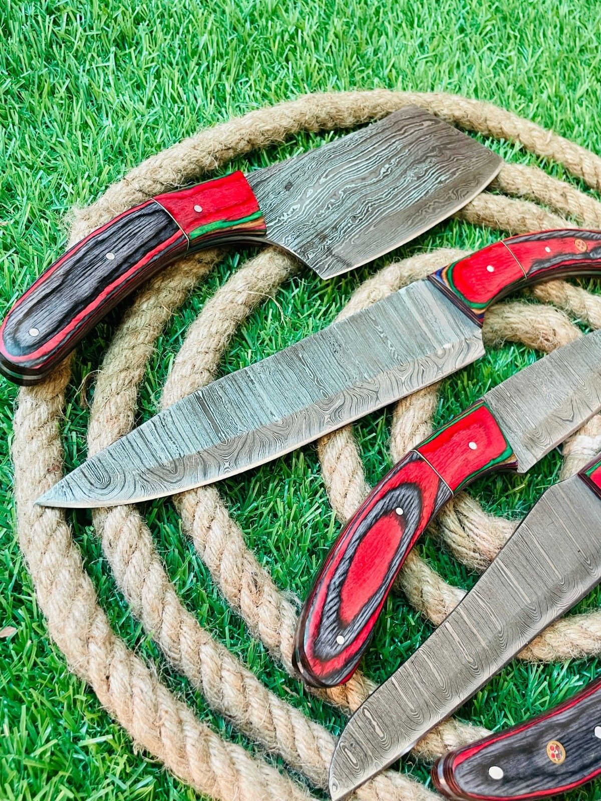 5Piece Handmade Damascus Steel Chef Knife Set  Wooden Handles With Leather Sheath  Premium Kitchen  1