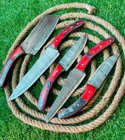 5-Piece Handmade Damascus Steel Chef Knife Set | Wooden Handles with Leather Sheath | Premium Kitchen Cutlery