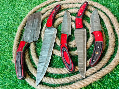5Piece Handmade Damascus Steel Chef Knife Set  Wooden Handles With Leather Sheath  Premium Kitchen  2