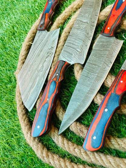 5Piece Handmade Damascus Steel Chef Knife Set  Wooden Handles 0