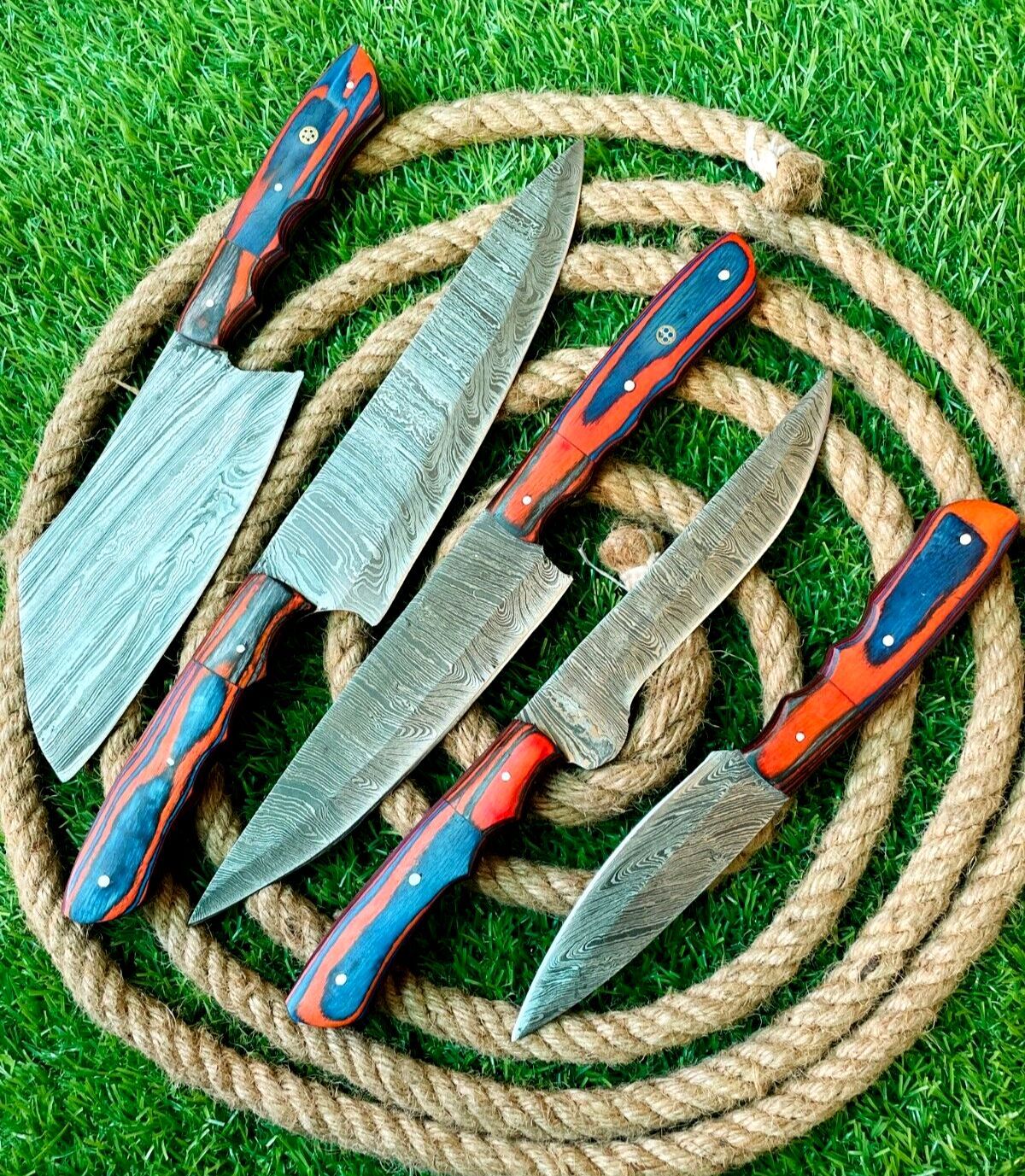 5-Piece Handmade Damascus Steel Chef Knife Set | Wooden Handles with Leather Sheath