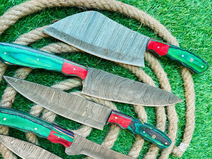 5Piece Handmade Damascus Steel Chef Knife Set  Wooden Handles 1