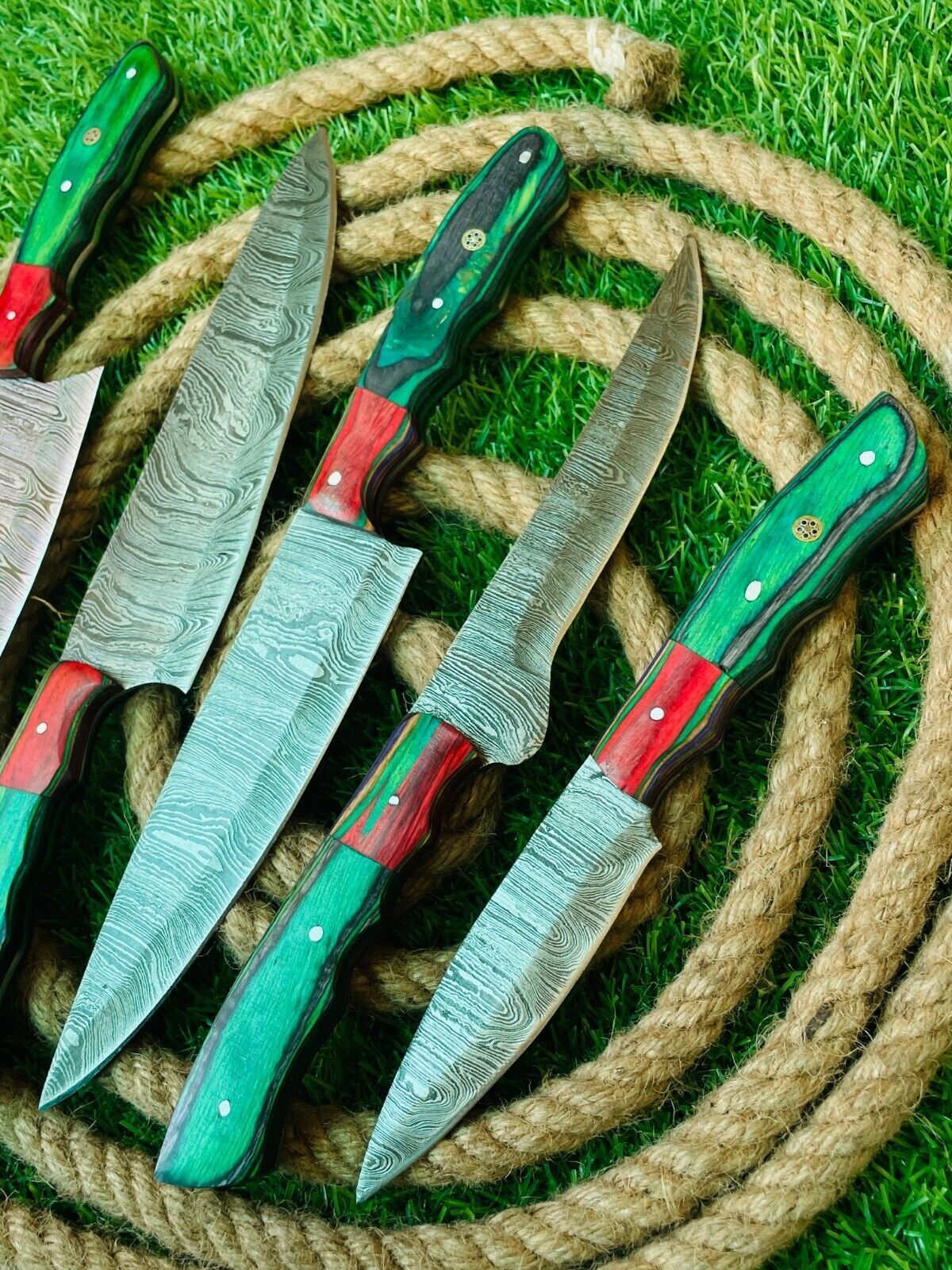 5Piece Handmade Damascus Steel Chef Knife Set  Wooden Handles 2