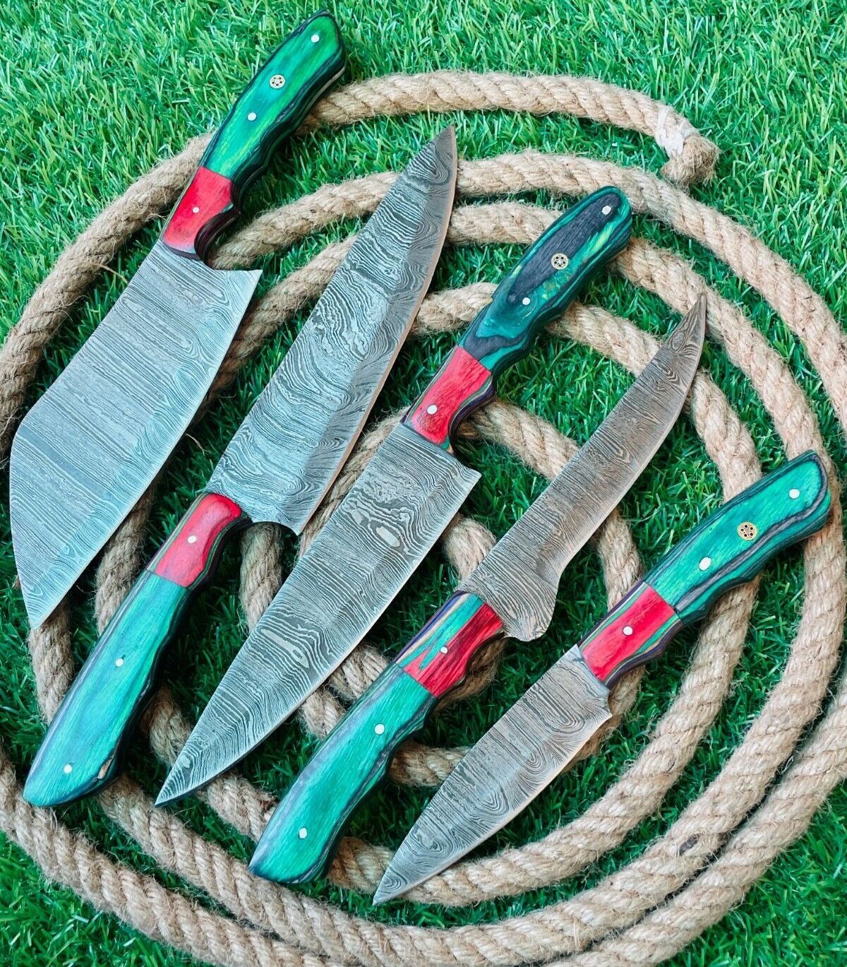 5-Piece Handmade Damascus Steel Chef Knife Set | Wooden Handles
