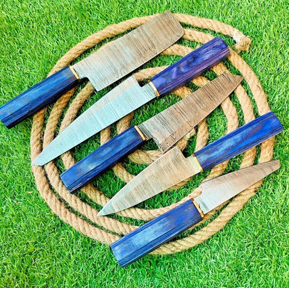 5Piece Handmade Damascus Steel Chef Knife Set  Wooden Handles With Leather Sheath  Premium 2