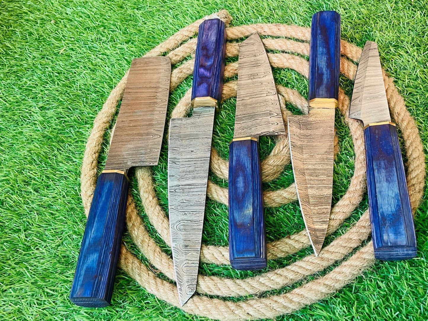 5-Piece Handmade Damascus Steel Chef Knife Set | Wooden Handles with Leather Sheath | Premium