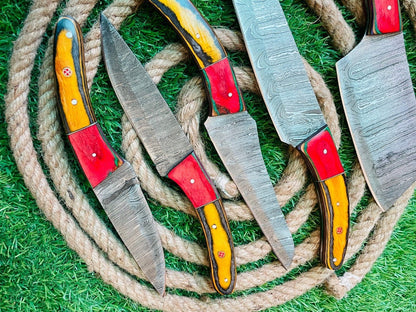 5Piece Handmade Damascus Steel Chef Knife Set  Wooden 2