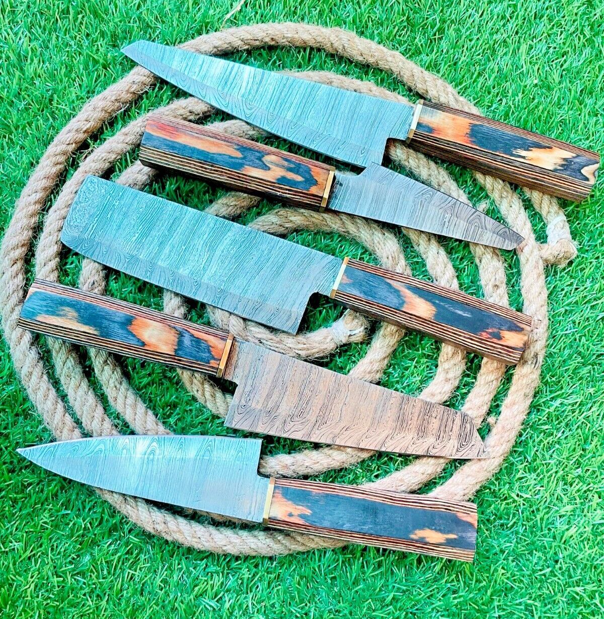 Elite 5-Piece Handmade Damascus Steel Chef Knife Set | Ergonomic Wooden Handles & Leather Sheath | Professional Kitchen