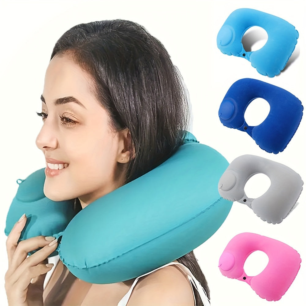 Portable Inflatable Flocking Neck Pillow, Self-Fill & Foldable, Ideal For Outdoor Travel Business Trips Camping