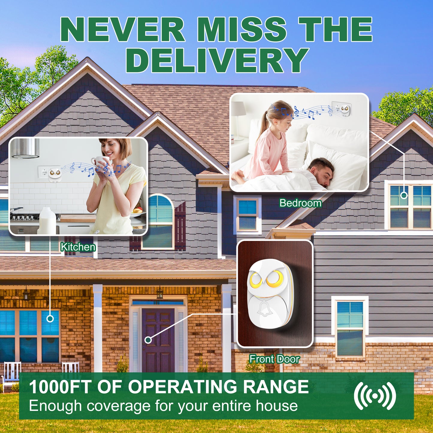 Wireless Doorbell Chime, 1000ft Long Range Waterproof Doorbell with 35 Melodies, IP65 Outdoor Home Intelligent Bell