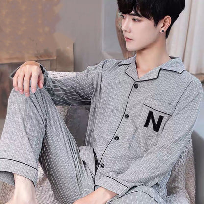 Cozy Mens Plaid, Solid Pajama Set, Long-Sleeve Lapel Top with Pocket, Breathable Long Pant Loungewear