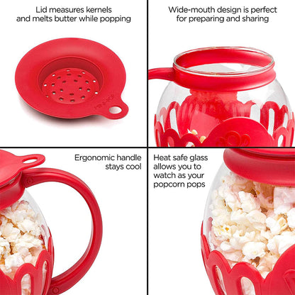 Microwave Popcorn Popper, Glass Popcorn Maker with Silicone Lid, Temperature Safe Borosilicate Glass Bowl