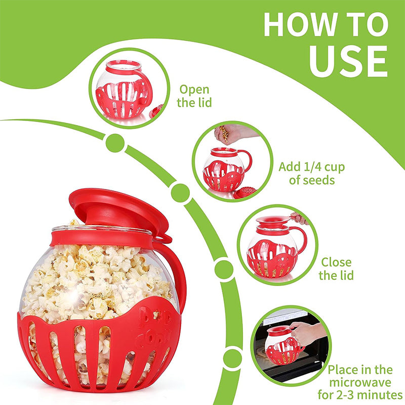 Microwave Popcorn Popper, Glass Popcorn Maker with Silicone Lid, Temperature Safe Borosilicate Glass Bowl