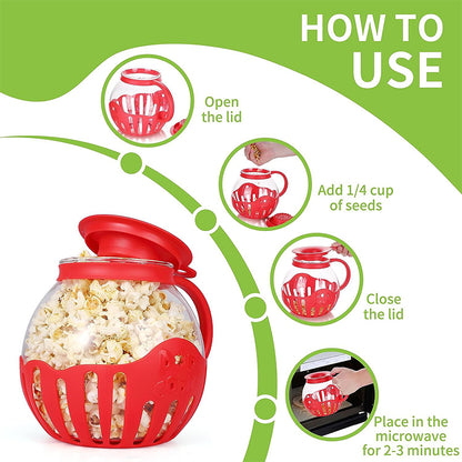 Microwave Popcorn Popper, Glass Popcorn Maker with Silicone Lid, Temperature Safe Borosilicate Glass Bowl