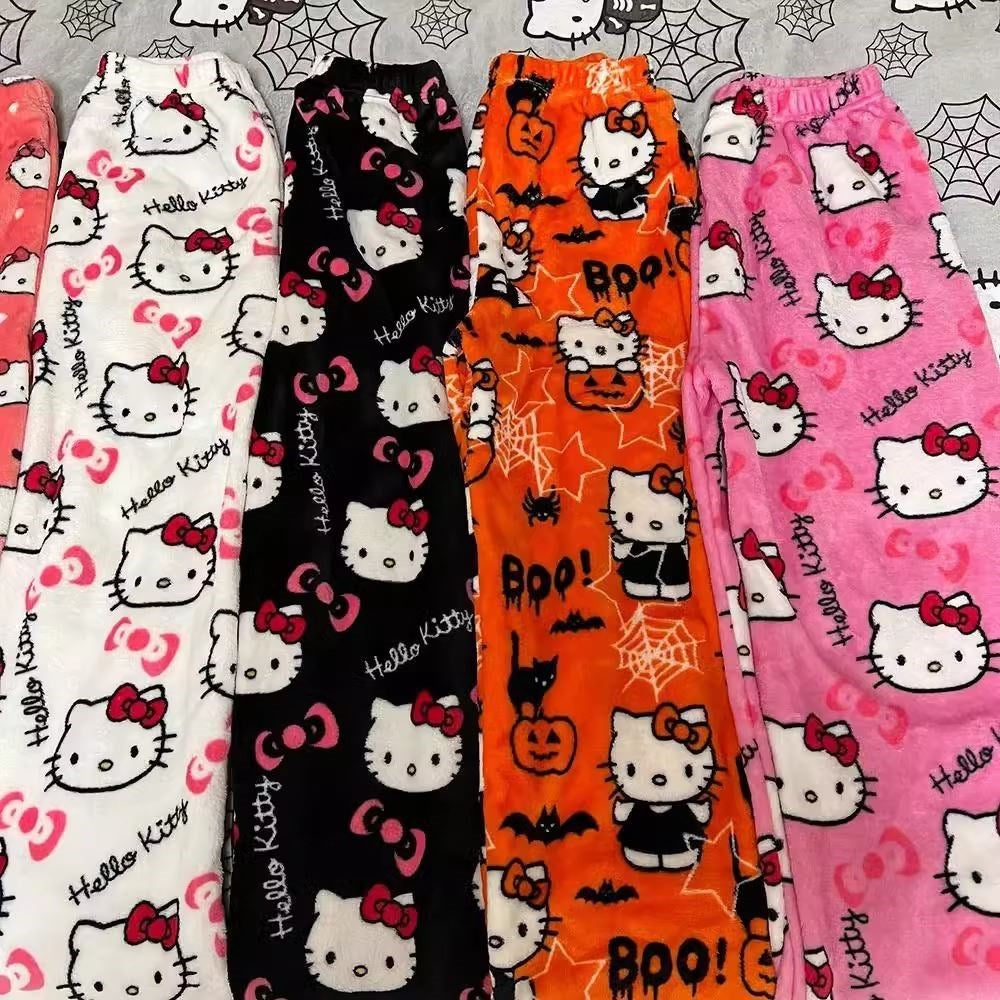 Halloween Pajamas Women, Hello Kitty Flannel Pant, Autumn Winter Plus Velvet, Warm Homewear, Cartoon Graffiti Loungewear
