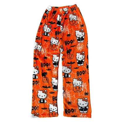 Halloween Pajamas Women, Hello Kitty Flannel Pant, Autumn Winter Plus Velvet, Warm Homewear, Cartoon Graffiti Loungewear