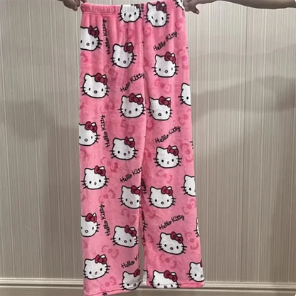 Halloween Pajamas Women, Hello Kitty Flannel Pant, Autumn Winter Plus Velvet, Warm Homewear, Cartoon Graffiti Loungewear