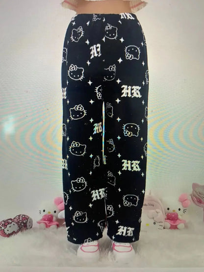 Halloween Pajamas Women, Hello Kitty Flannel Pant, Autumn Winter Plus Velvet, Warm Homewear, Cartoon Graffiti Loungewear