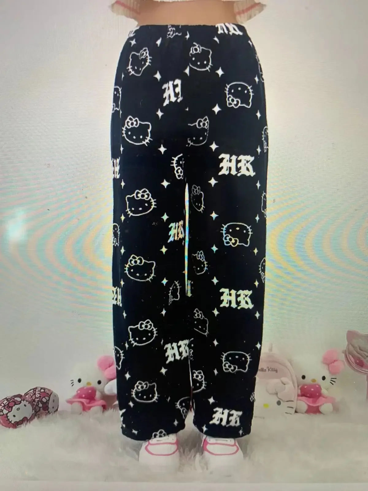Halloween Pajamas Women, Hello Kitty Flannel Pant, Autumn Winter Plus Velvet, Warm Homewear, Cartoon Graffiti Loungewear