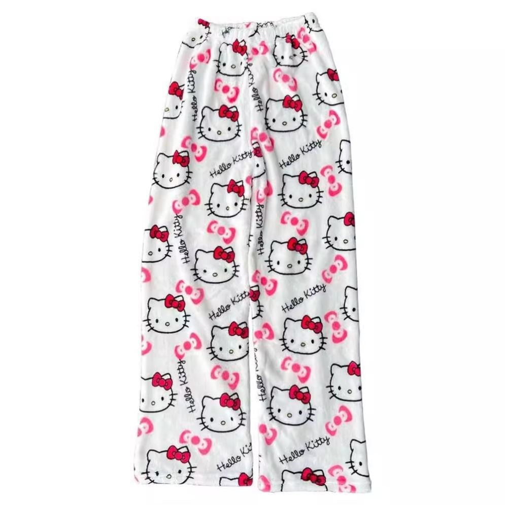 Halloween Pajamas Women, Hello Kitty Flannel Pant, Autumn Winter Plus Velvet, Warm Homewear, Cartoon Graffiti Loungewear