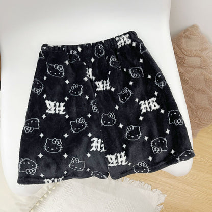 Halloween Pajamas Women, Hello Kitty Flannel Pant, Autumn Winter Plus Velvet, Warm Homewear, Cartoon Graffiti Loungewear