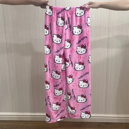 Halloween Pajamas Women, Hello Kitty Flannel Pant, Autumn Winter Plus Velvet, Warm Homewear, Cartoon Graffiti Loungewear