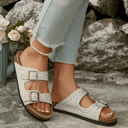 Summer Suede Flat Slippers For Women With Soft Bottom Buckle Strap Design 1