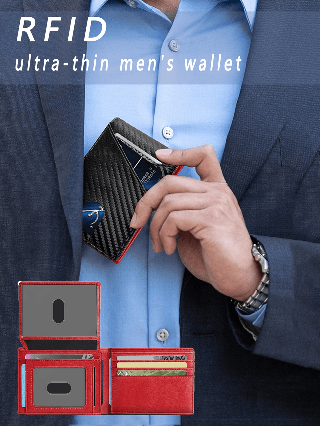 RFID Carbon Fiber Trifold Wallet for Men Ultra Thin Front Pocket Design