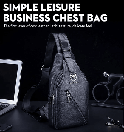 Bullcaptain Mens Leather Chest Bag Multi Function Travel Messenger Crossbody Bag