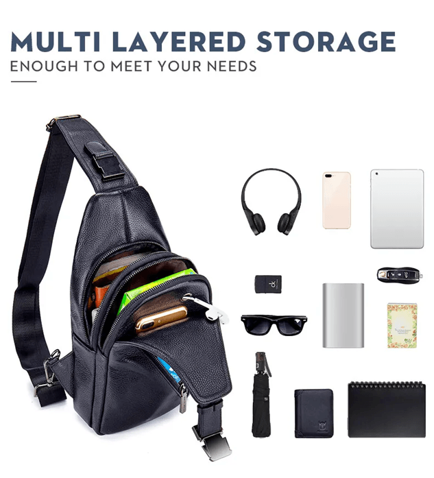 Bullcaptain Mens Leather Chest Bag Multi Function Travel Messenger Crossbody Bag 1