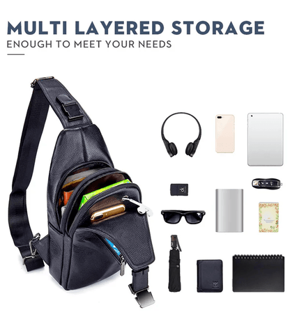 Bullcaptain Mens Leather Chest Bag Multi Function Travel Messenger Crossbody Bag 1