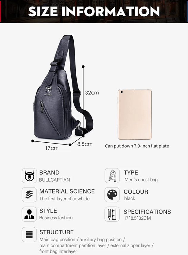 Bullcaptain Mens Leather Chest Bag Multi Function Travel Messenger Crossbody Bag 4