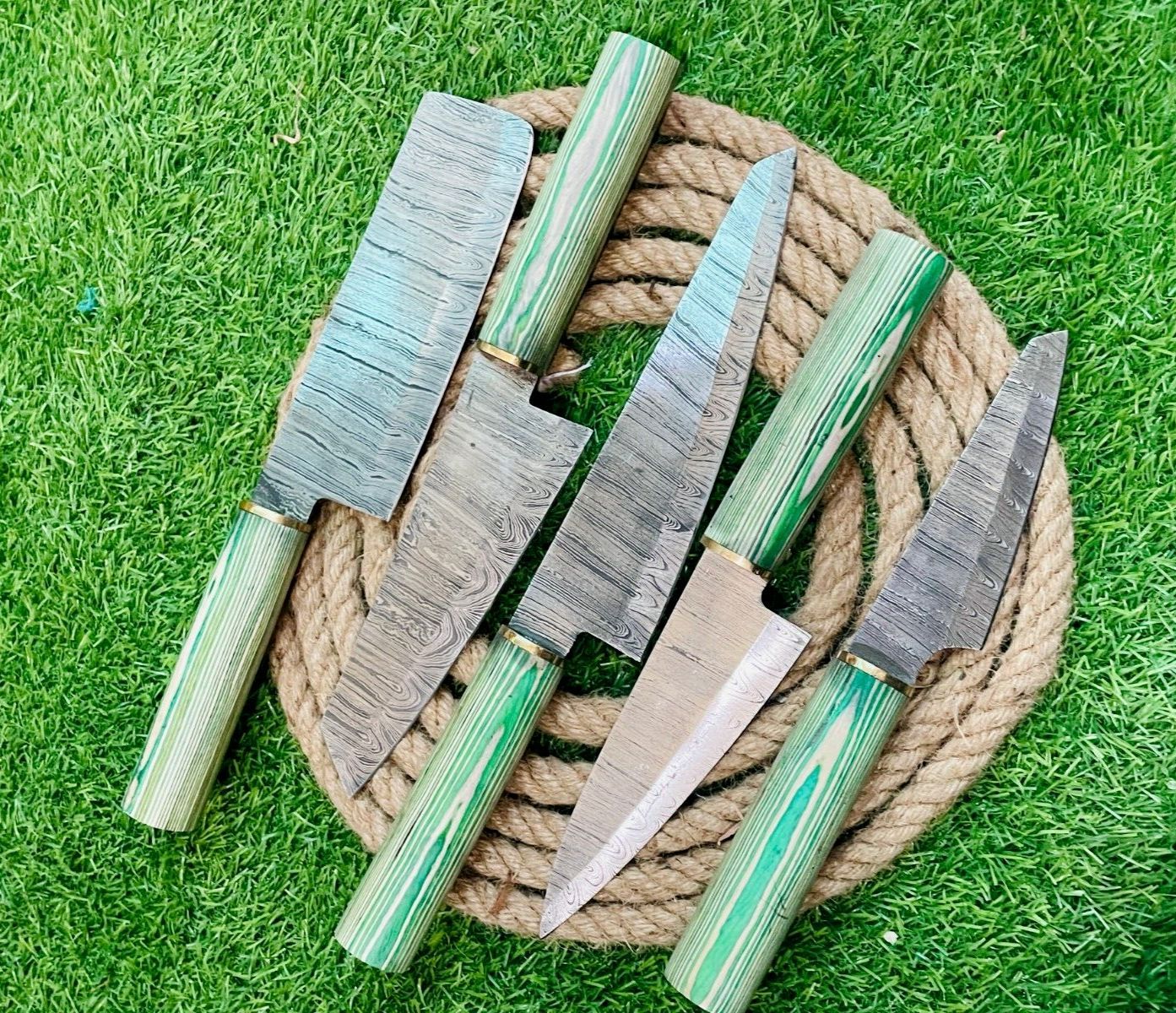 5Piece Handmade Damascus Steel Chef Knife Set  Rat Tail Tang With Wooden Handles  Leather Sheath  P 1
