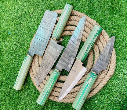 5Piece Handmade Damascus Steel Chef Knife Set  Rat Tail Tang With Wooden Handles  Leather Sheath  P 1