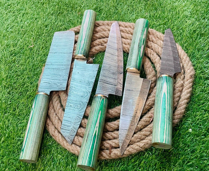 5Piece Handmade Damascus Steel Chef Knife Set  Rat Tail Tang With Wooden Handles  Leather Sheath  P 2